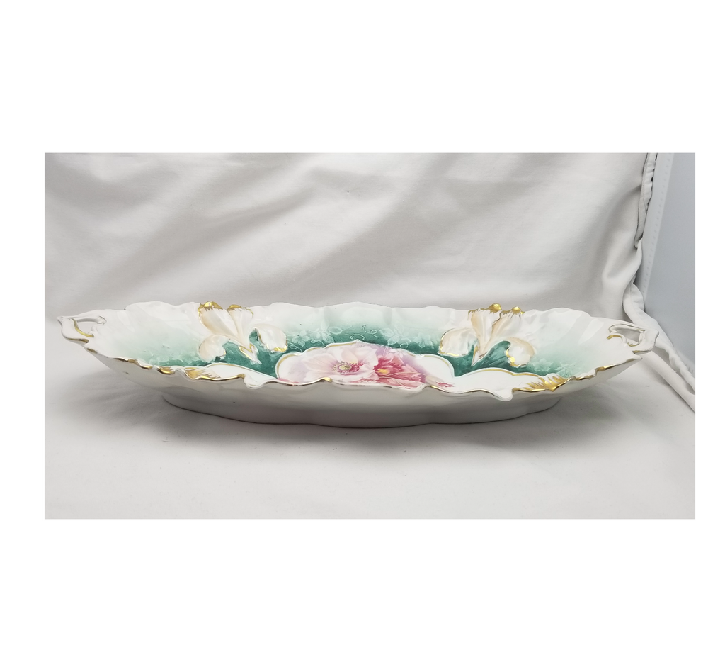 RS Prussia German Porcelain Celery Dish Relish Tray Lily Mold 25 Teal Green Pink Floral Pattern