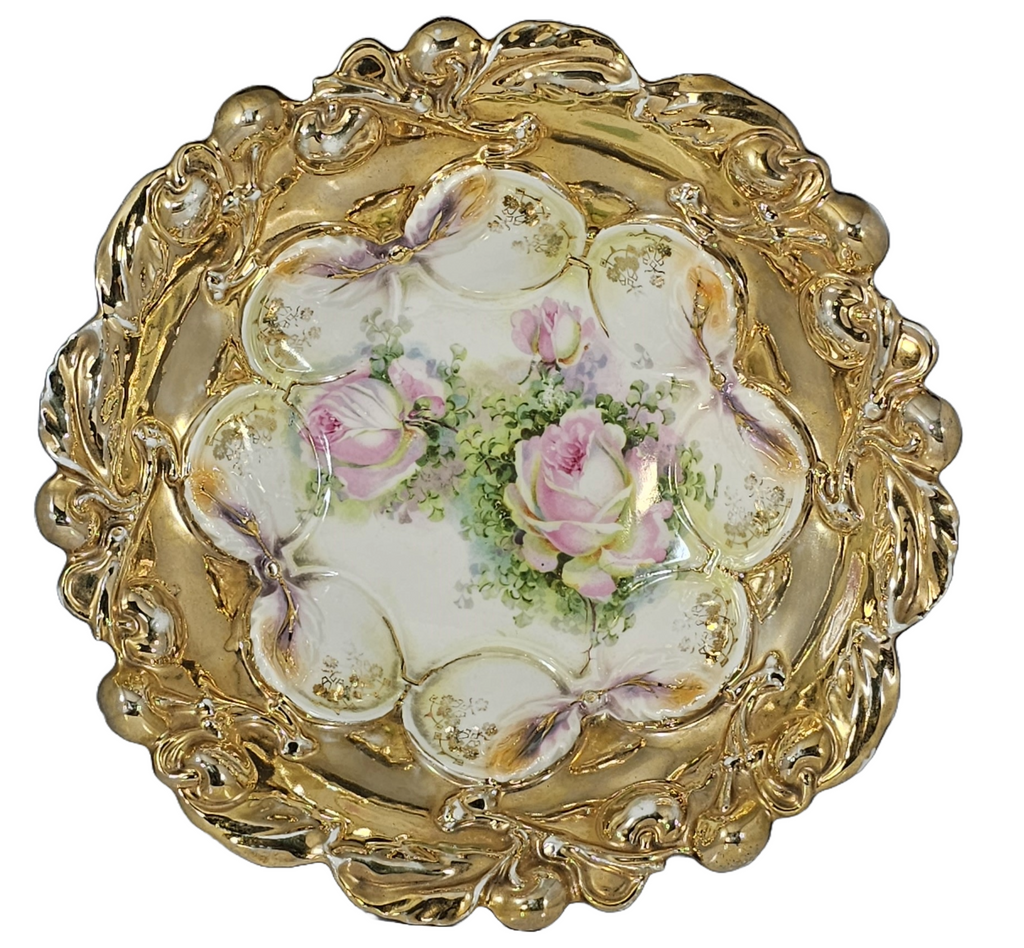 German Porcelain Berry Bowl Set  7pc Heavy Gold Trim with Pink Roses Etched Interior Art Nouveau Period