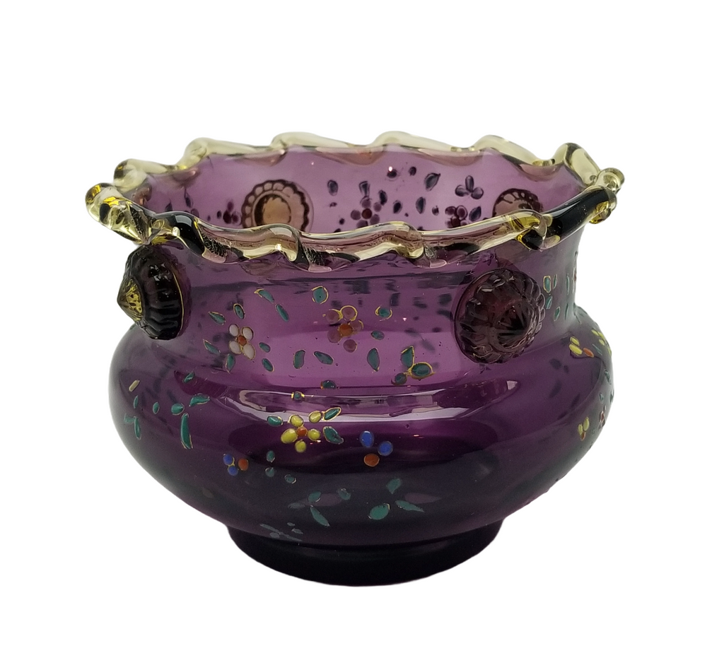 Moser Bohemian Purple Amethyst Art Glass Bowl Vase Rigaree Applied Prunts and Enamel Flowers