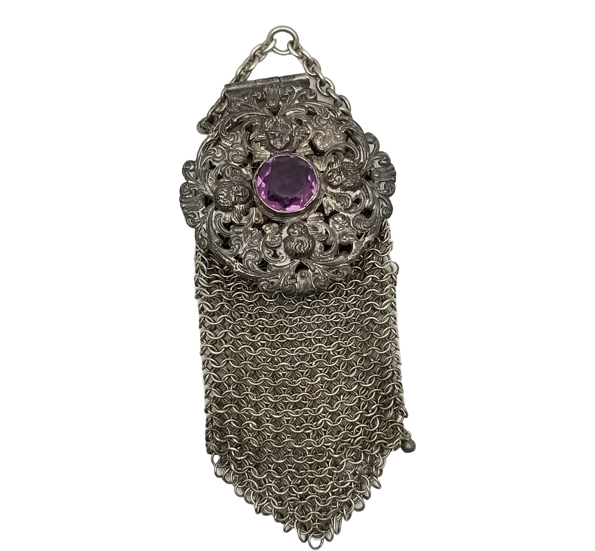 Rare Miniature Antique Armor Mesh Rosary Purse Cherub Carved Top Amethyst Glass Jeweled Top