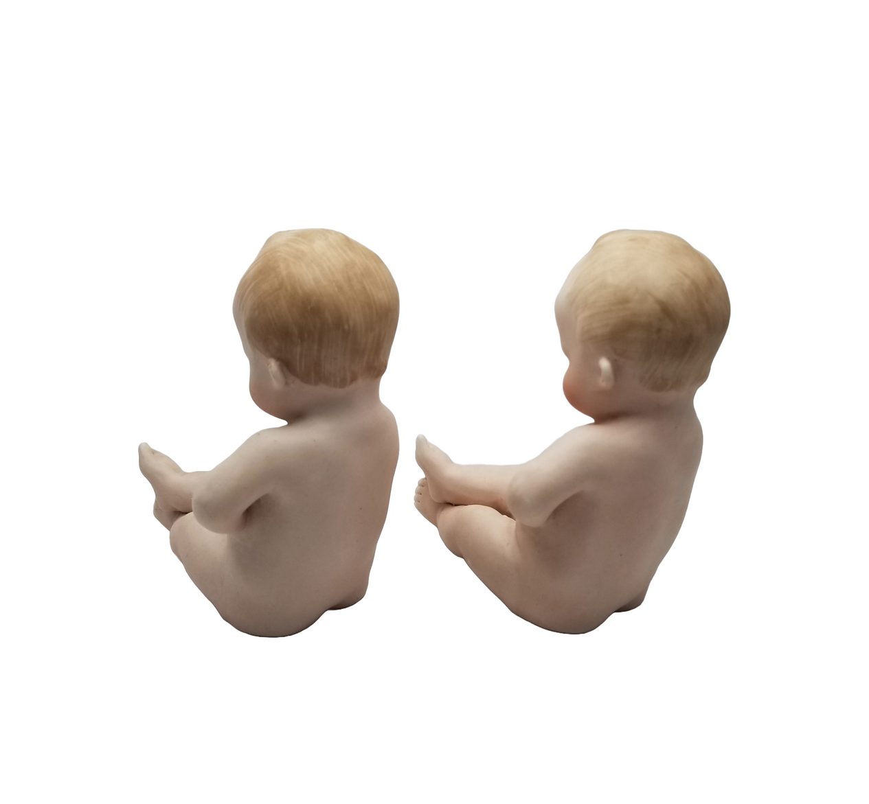 Gebruder Heubach German All Bisque Porcelain Babies Hand Painted Chubby Belly Twins Each Baby Numbered Square Makers Mark 5" Tall