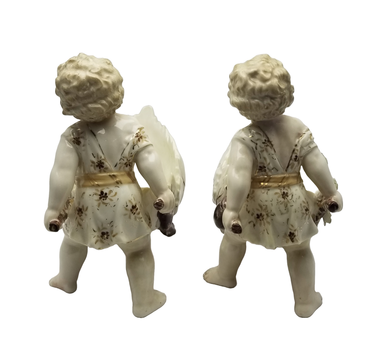 German Porcelain Bisque Garden Cherubs Pair Putti Hand Painted Pushing Wheelbarrows with Moving Wheels Volkstedt Thuringia