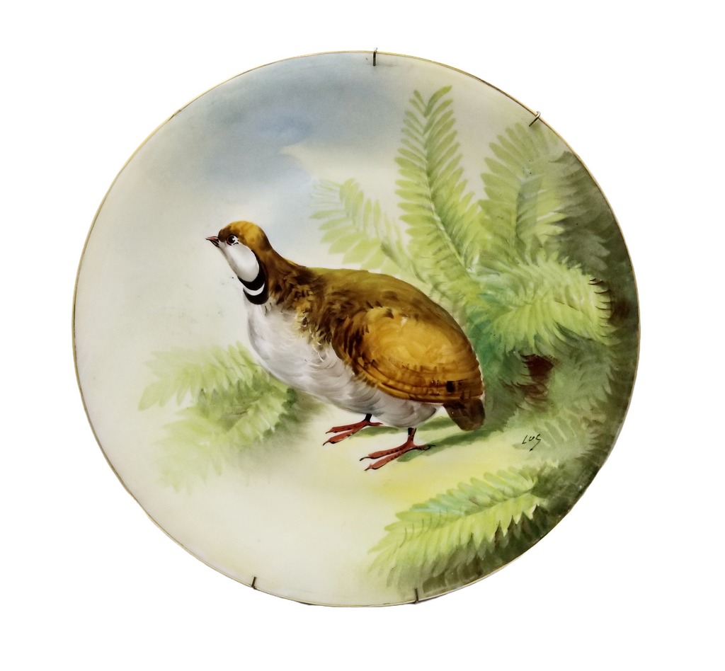 Antique LIMOGES French Porcelain Charger Plate Game Bird Quail Plaque Artist Signed Lus Limoges French Hand Painted Wall Plate