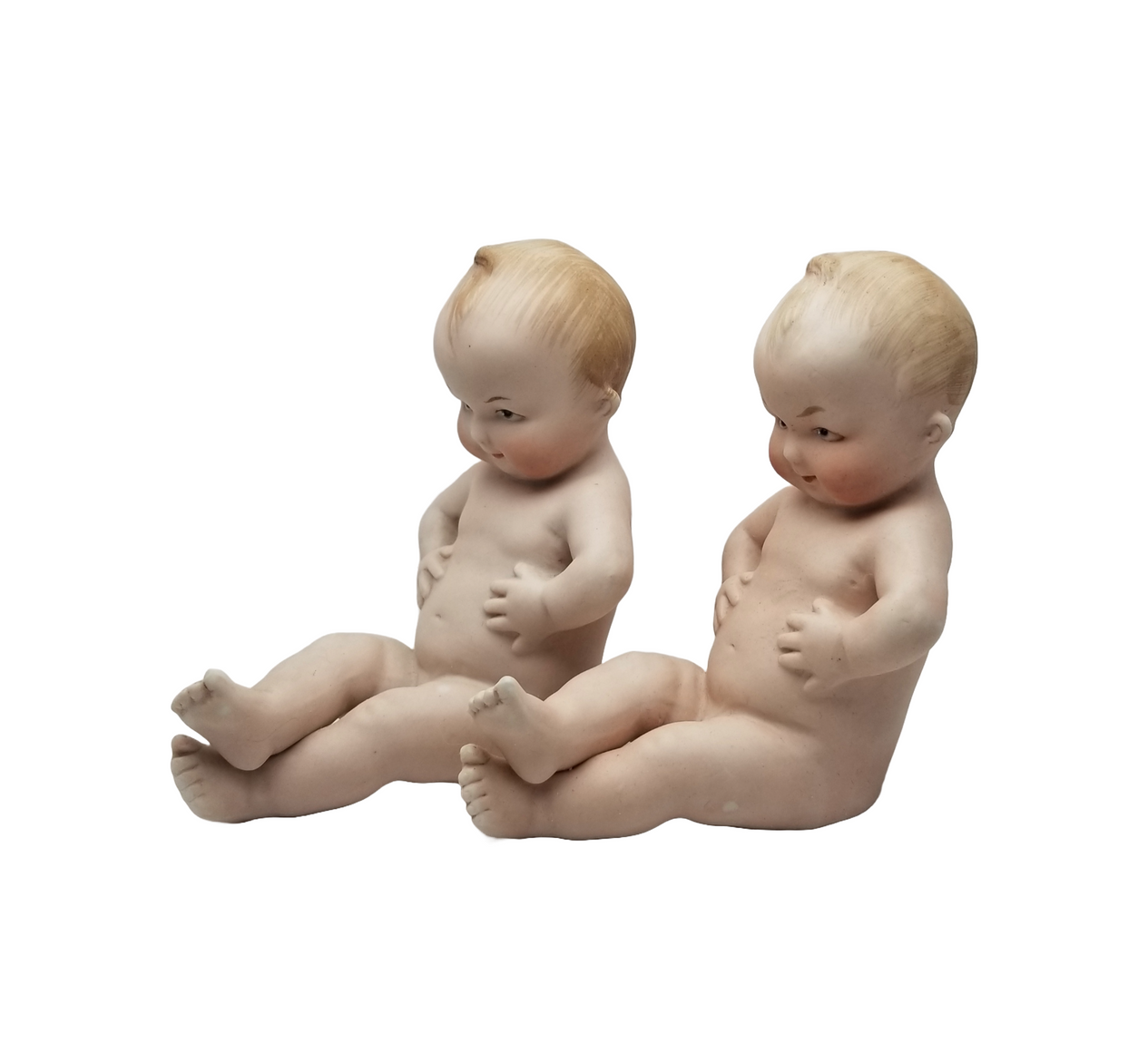 Gebruder Heubach German All Bisque Porcelain Babies Hand Painted Chubby Belly Twins Each Baby Numbered Square Makers Mark 5" Tall