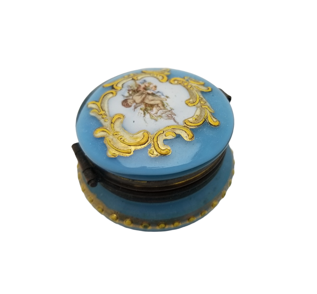 Bohemian Art Glass Pill Box Blue Opalescent Hand Painted Enamel Decorated Cherub Angel