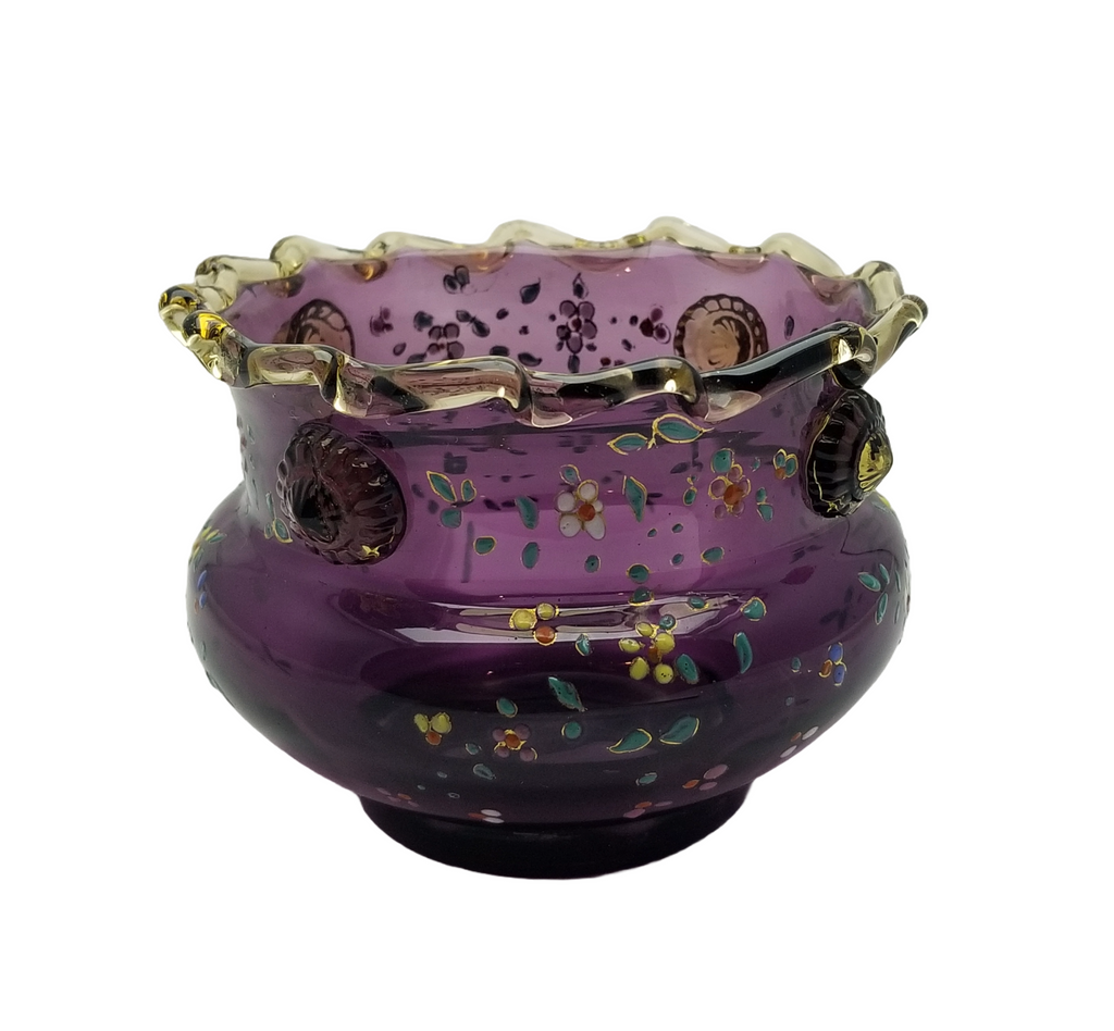 Moser Bohemian Purple Amethyst Art Glass Bowl Vase Rigaree Applied Prunts and Enamel Flowers