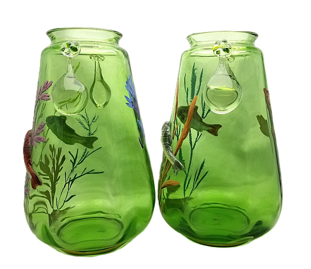 Moser Bohemian Glass Aquatic Blow Out Fish Vases Hand Painted Enameled Art Glass