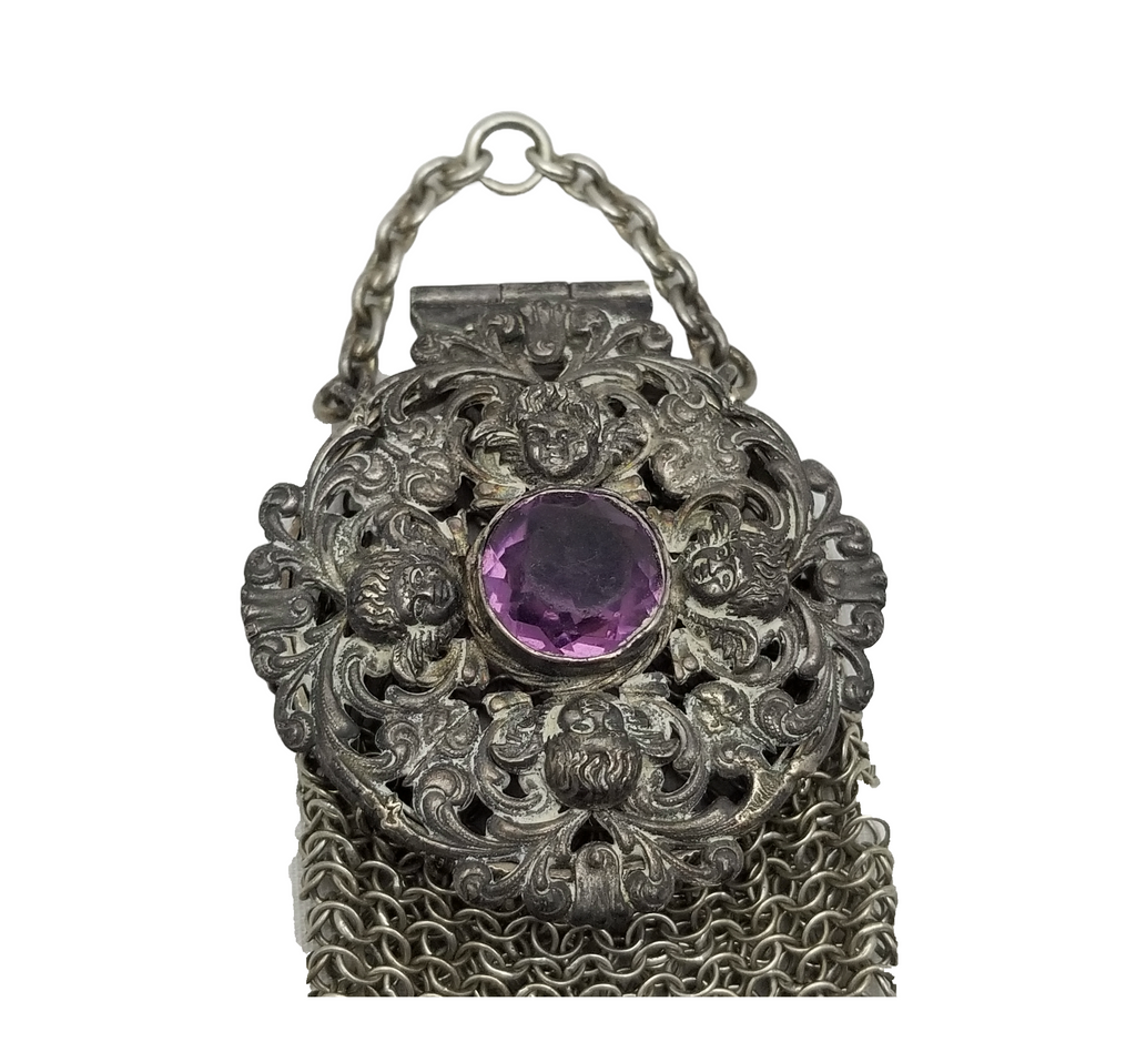 Rare Miniature Antique Armor Mesh Rosary Purse Cherub Carved Top Amethyst Glass Jeweled Top