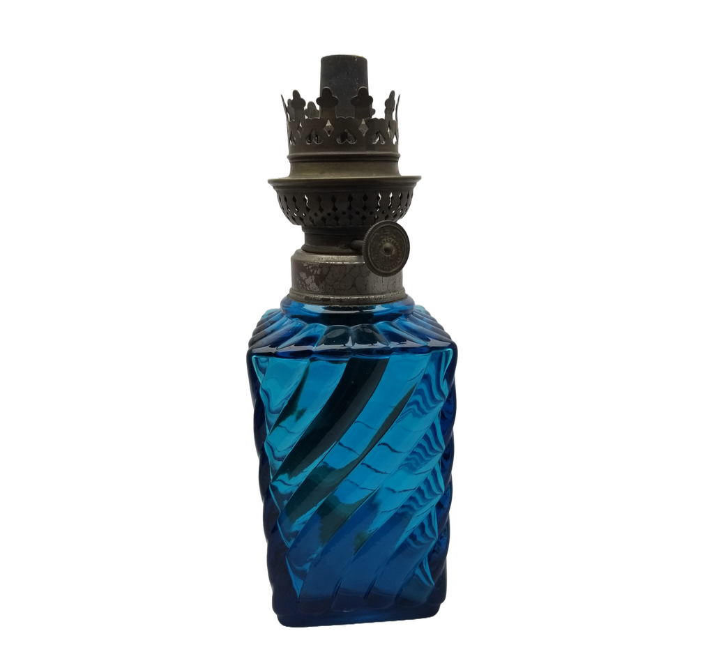 Baccarat French Art Glass Oil Lamp in Peacock Blue with Ribbed and Swirl Pattern”