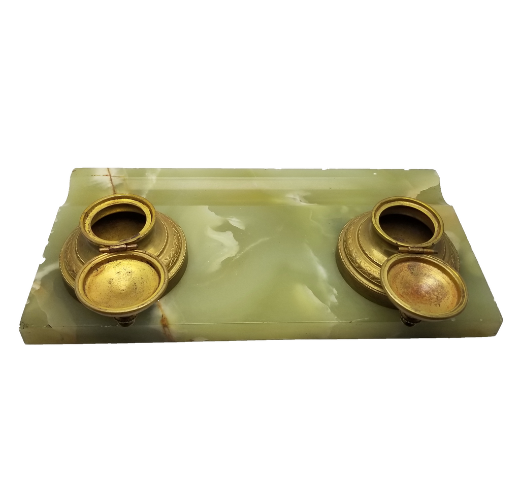 Antique French Ormolu and Green Onyx Double Bronze Inkwell Desk Set