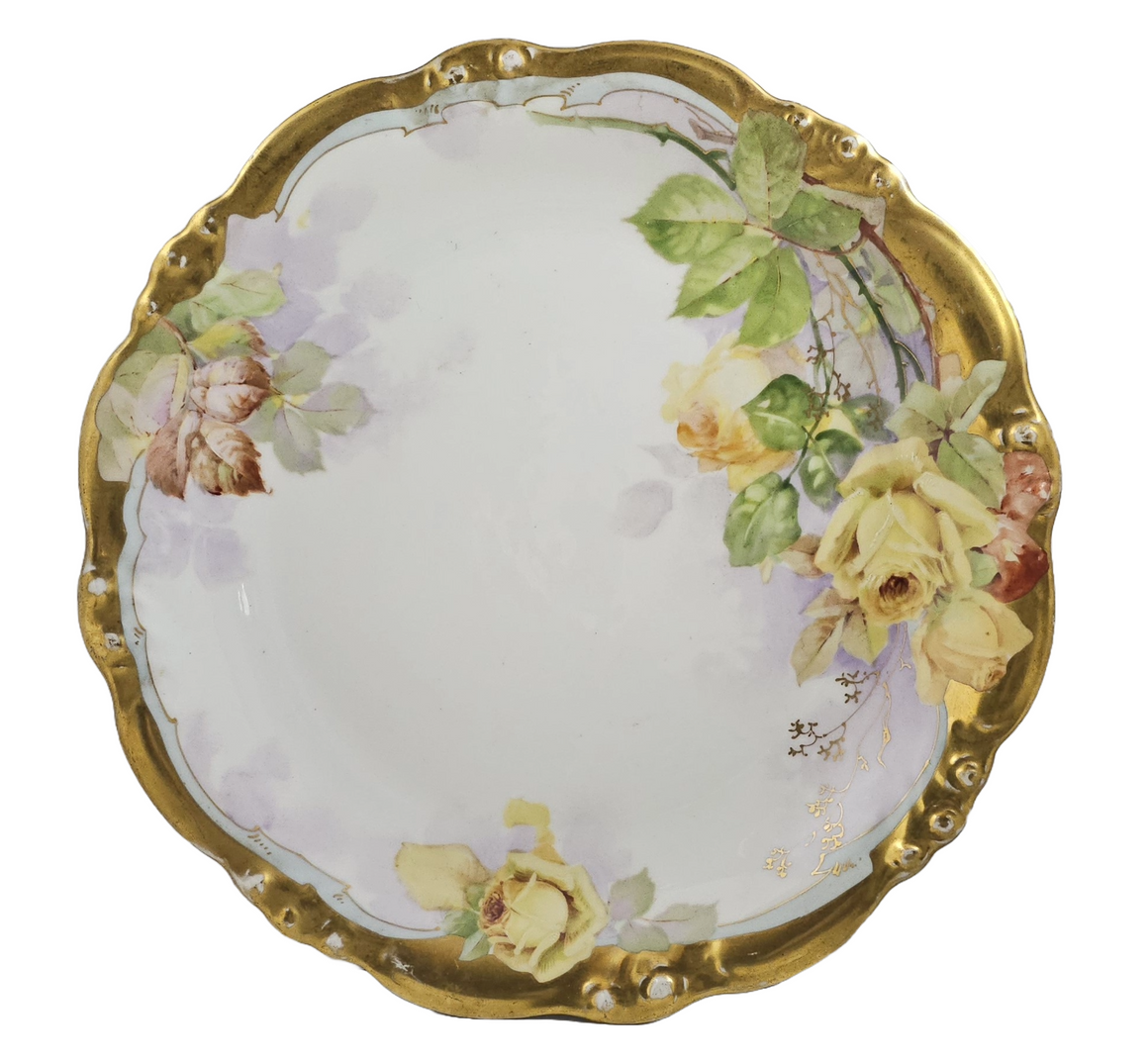 Limoges Porcelain Art Nouveau Period Charger Hand Painted Yellow Roses Gold Trim Bawo Dotter Elite Works