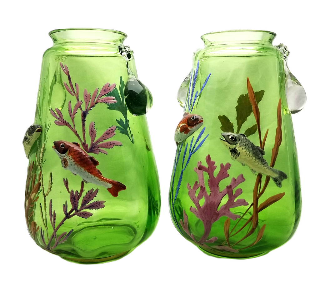 Moser Bohemian Glass Aquatic Blow Out Fish Vases Hand Painted Enameled Art Glass