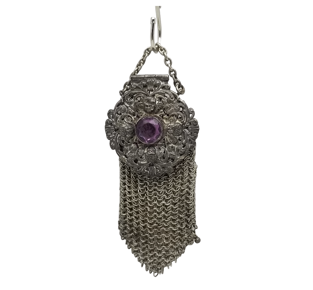 Rare Miniature Antique Armor Mesh Rosary Purse Cherub Carved Top Amethyst Glass Jeweled Top