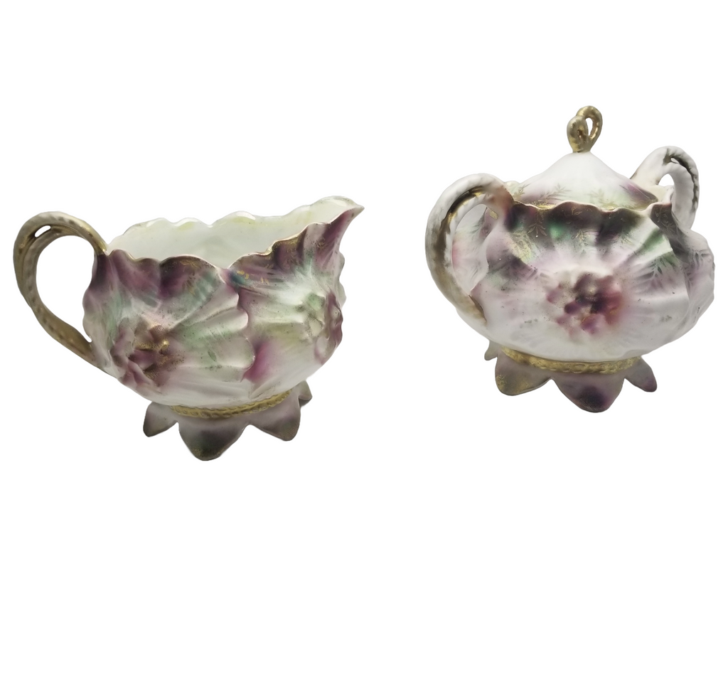 RS Prussia Porcelain Sugar Bowl Creamer Set Sunflower Mold 626 Rare Tiffany Finish Pink Maroon Flowers