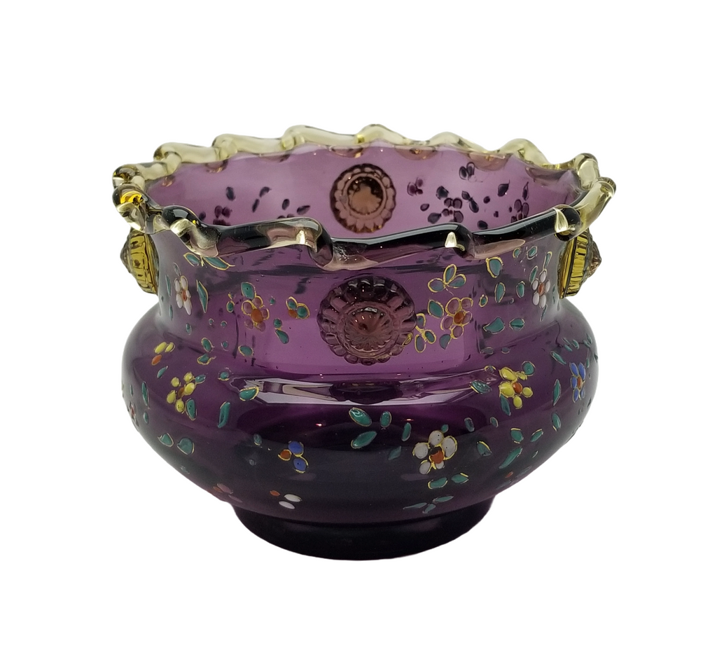 Moser Bohemian Purple Amethyst Art Glass Bowl Vase Rigaree Applied Prunts and Enamel Flowers