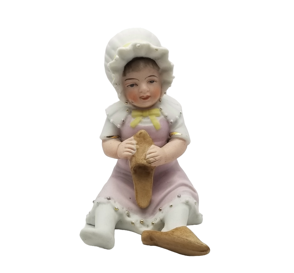 German Porcelain Bisque Piano Baby Mama's Shoes Seated Figurine