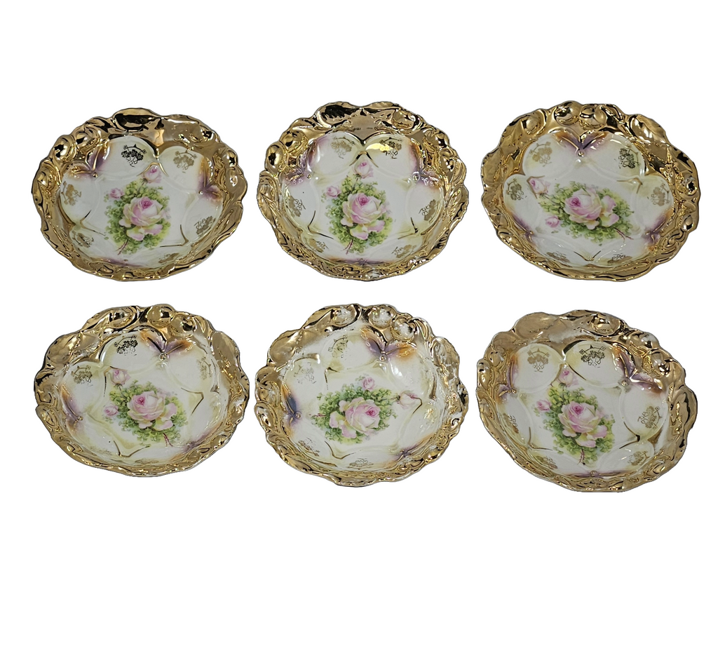 German Porcelain Berry Bowl Set  7pc Heavy Gold Trim with Pink Roses Etched Interior Art Nouveau Period