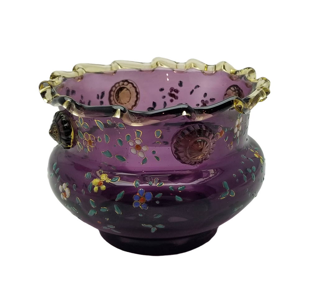 Moser Bohemian Purple Amethyst Art Glass Bowl Vase Rigaree Applied Prunts and Enamel Flowers