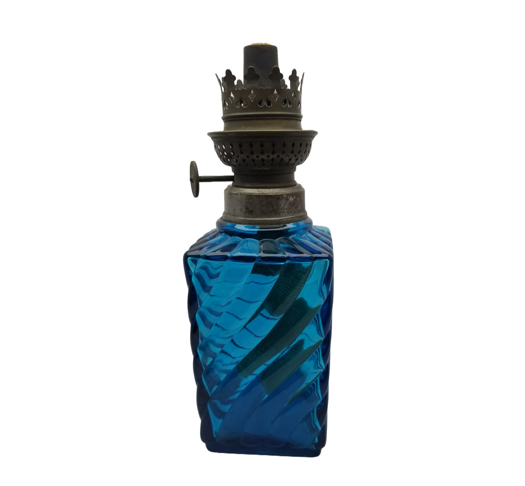 Baccarat French Art Glass Oil Lamp in Peacock Blue with Ribbed and Swirl Pattern”