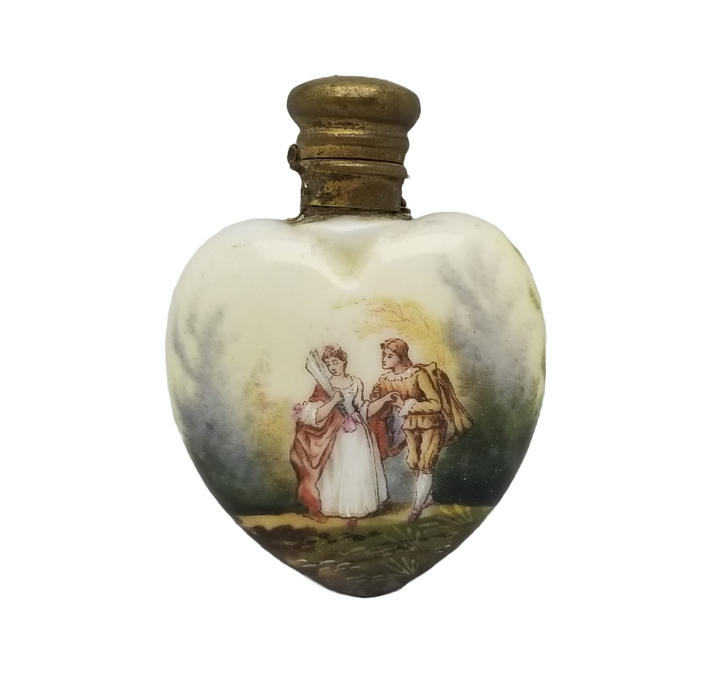 MINIATURE Porcelain Heart Shaped Scent BOTTLE Courting Couple