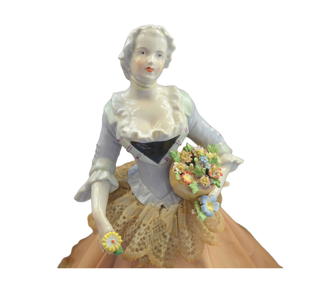 Rare German Porcelain Half Doll Lady Holding Dresden Flower Basket Boudoir Lamp