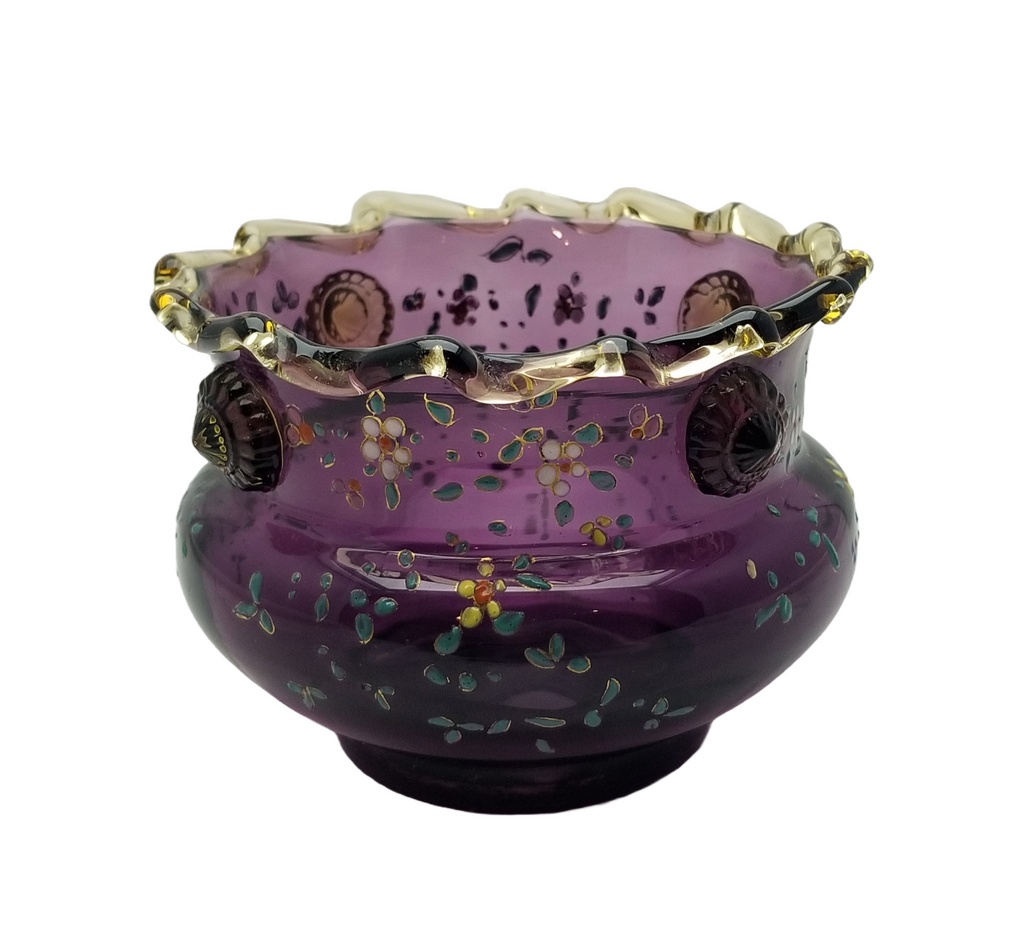 Moser Bohemian Purple Amethyst Art Glass Bowl Vase Rigaree Applied Prunts and Enamel Flowers