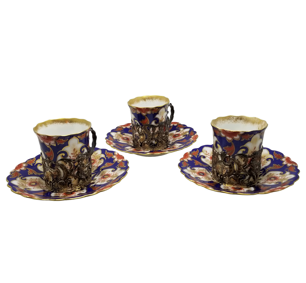 John Aynsley Imari Demitasse Cup Saucer Set Sterling Silver Can Cherub Design Antique English Porcelain