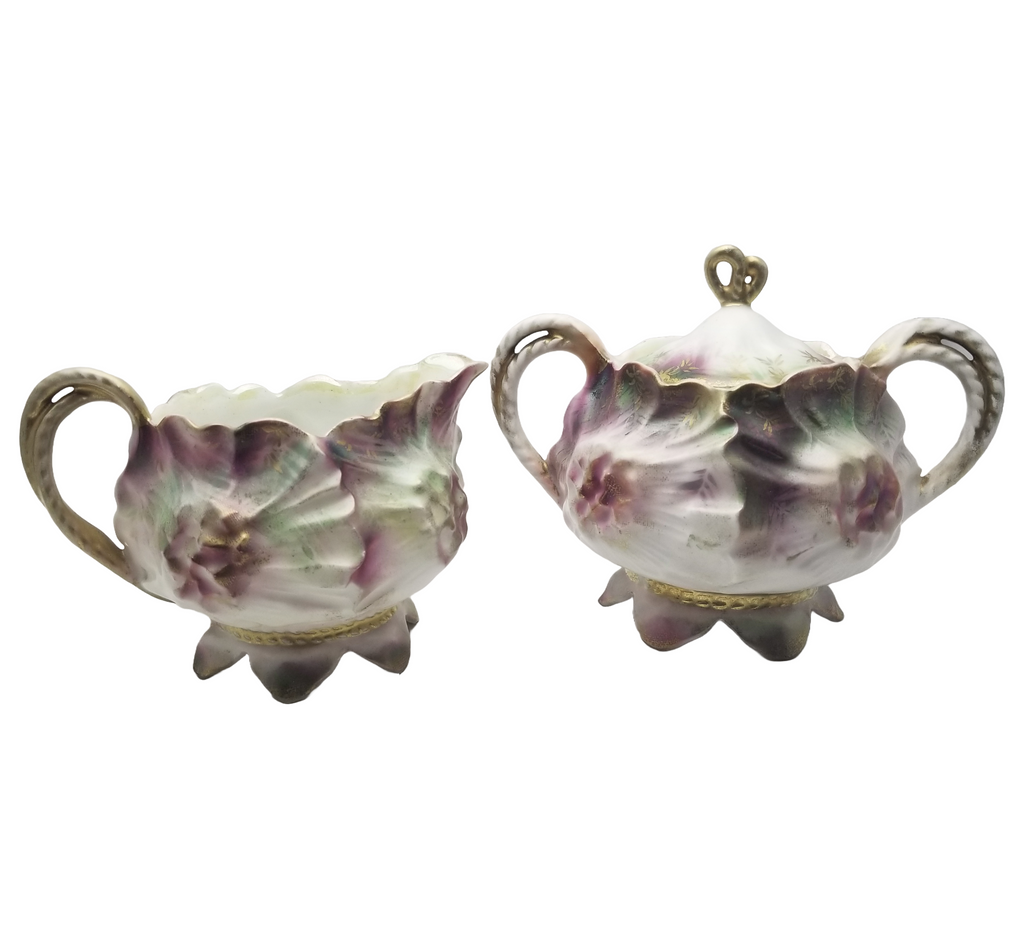 RS Prussia Porcelain Sugar Bowl Creamer Set Sunflower Mold 626 Rare Tiffany Finish Pink Maroon Flowers