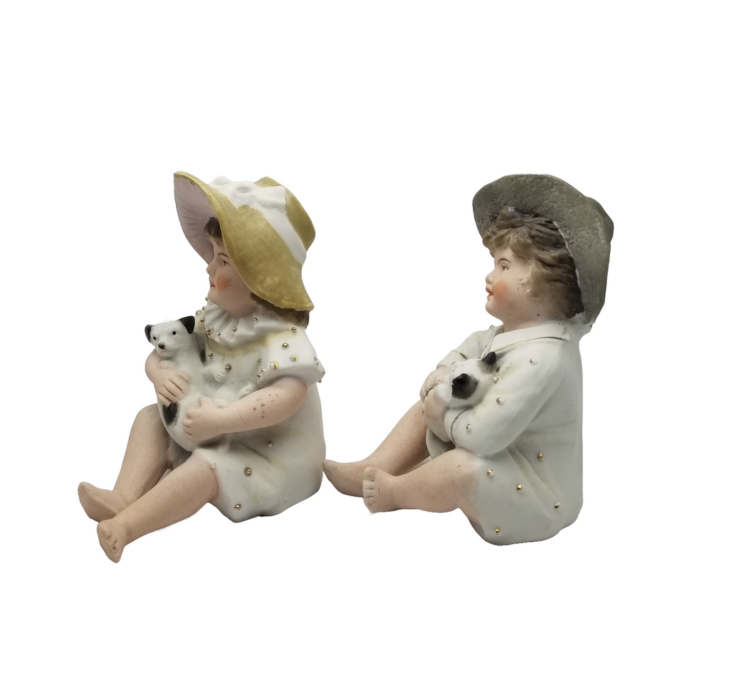 German Porcelain Bisque Piano Baby Pair Two Statues Figurines Boy Holding Kitty Cat Girl Holding Puppy Dog Heubach Quality