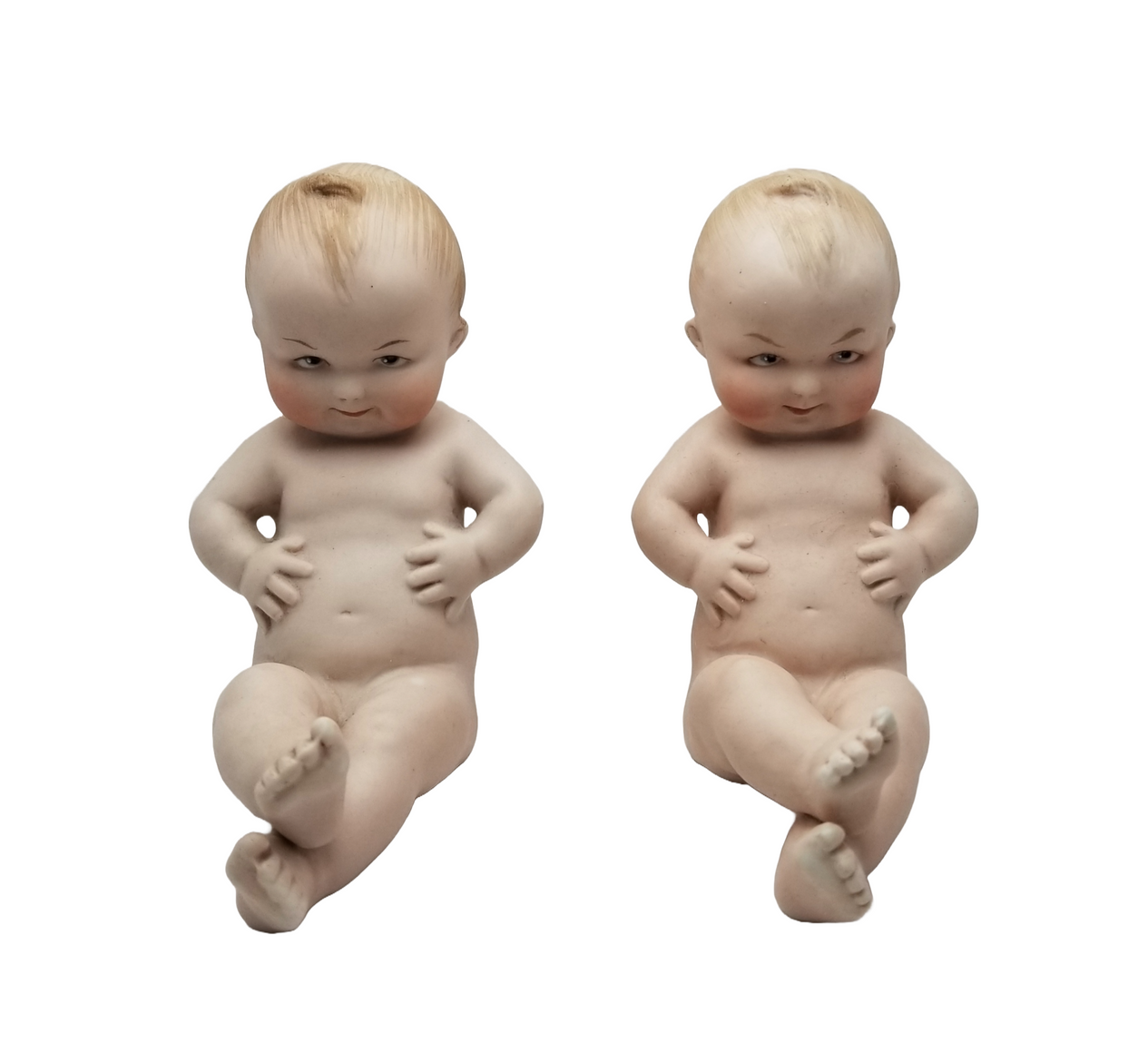 Gebruder Heubach German All Bisque Porcelain Babies Hand Painted Chubby Belly Twins Each Baby Numbered Square Makers Mark 5" Tall