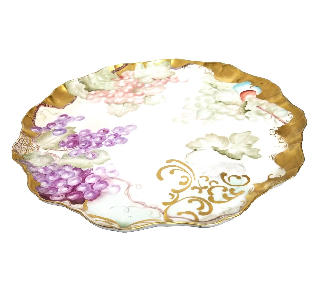 Limoges Porcelain Hand Painted Grapes Punch Bowl with Matching Underplate Art Nouveau Period