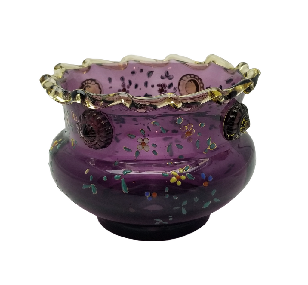 Moser Bohemian Purple Amethyst Art Glass Bowl Vase Rigaree Applied Prunts and Enamel Flowers