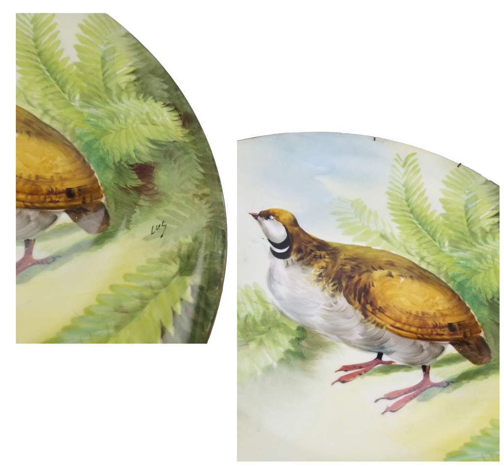 Antique LIMOGES French Porcelain Charger Plate Game Bird Quail Plaque Artist Signed Lus Limoges French Hand Painted Wall Plate