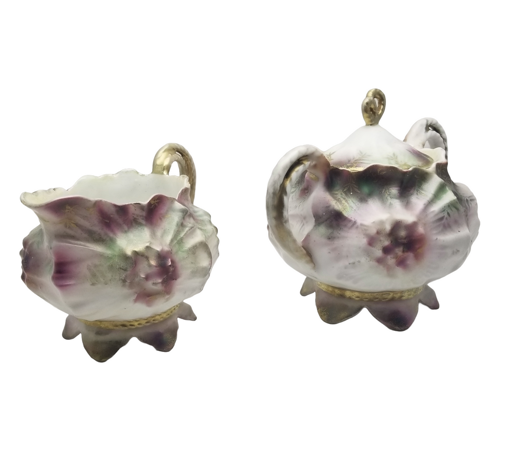 RS Prussia Porcelain Sugar Bowl Creamer Set Sunflower Mold 626 Rare Tiffany Finish Pink Maroon Flowers