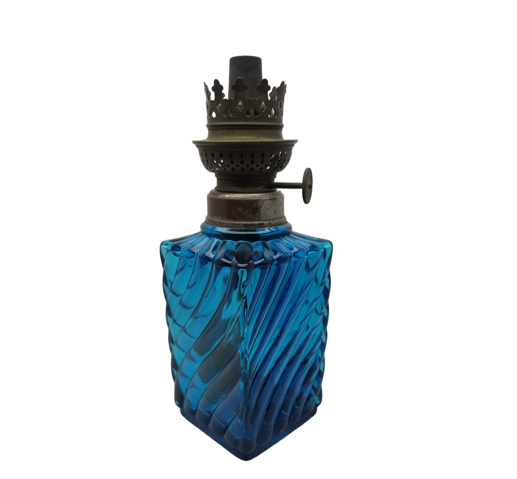 Baccarat French Art Glass Oil Lamp in Peacock Blue with Ribbed and Swirl Pattern”