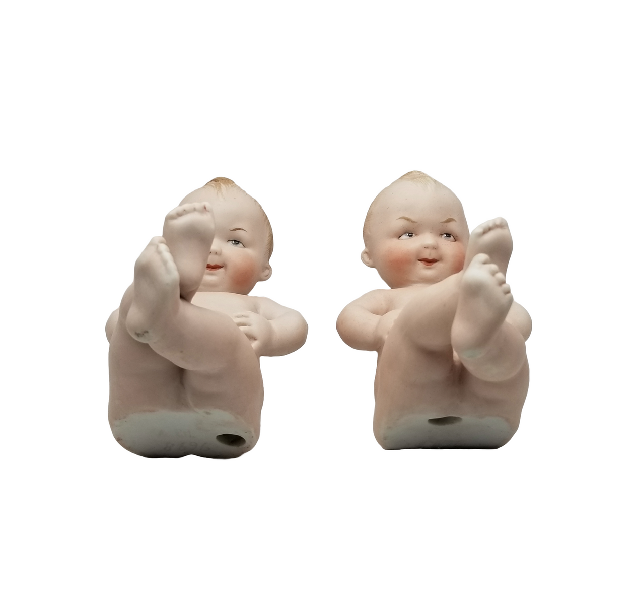 Gebruder Heubach German All Bisque Porcelain Babies Hand Painted Chubby Belly Twins Each Baby Numbered Square Makers Mark 5" Tall