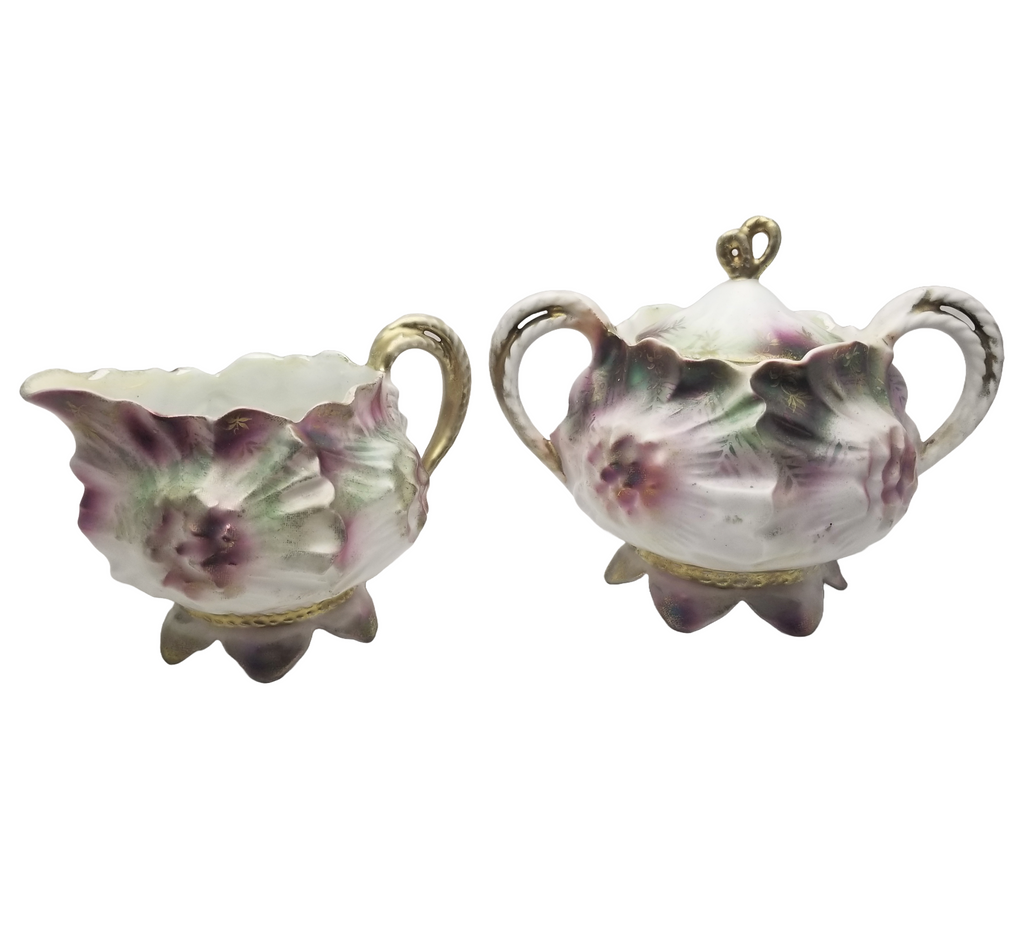 RS Prussia Porcelain Sugar Bowl Creamer Set Sunflower Mold 626 Rare Tiffany Finish Pink Maroon Flowers