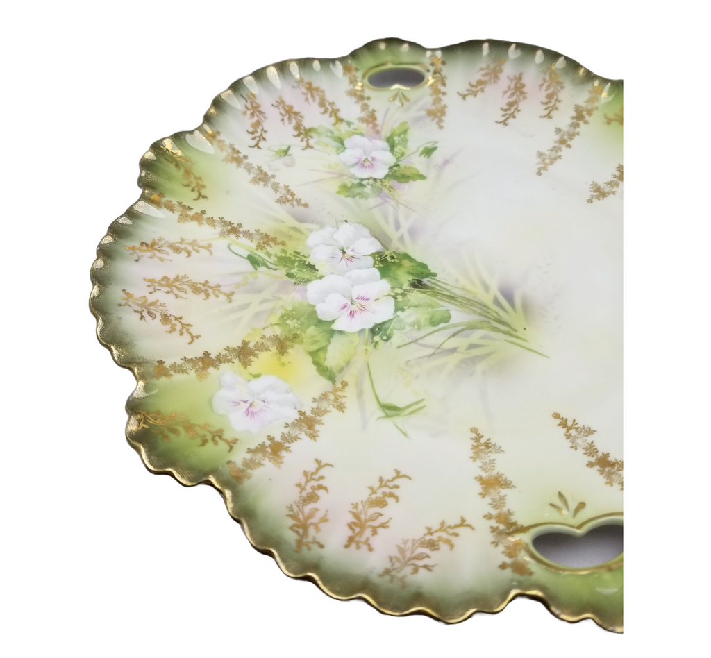 Antique RS Prussia German Porcelain Cake Plate Scalloped Rim Gold Stencil White Floral Decoration