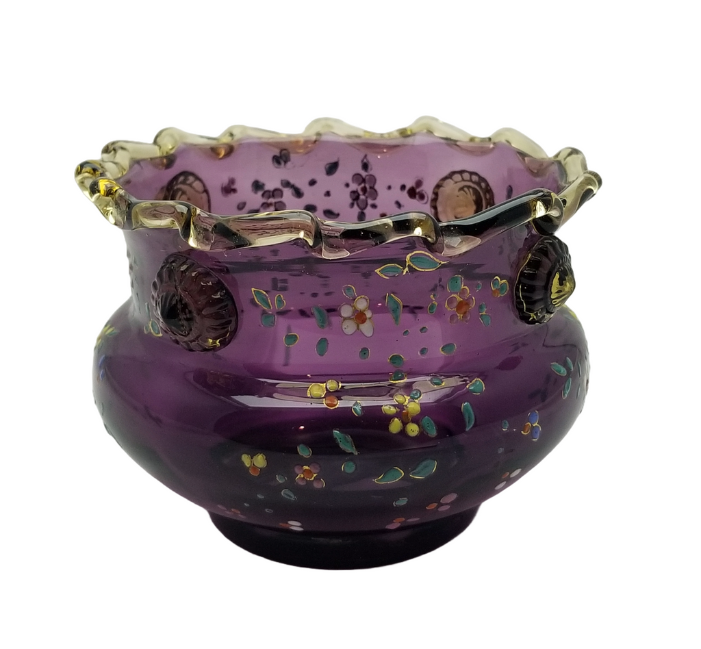 Moser Bohemian Purple Amethyst Art Glass Bowl Vase Rigaree Applied Prunts and Enamel Flowers