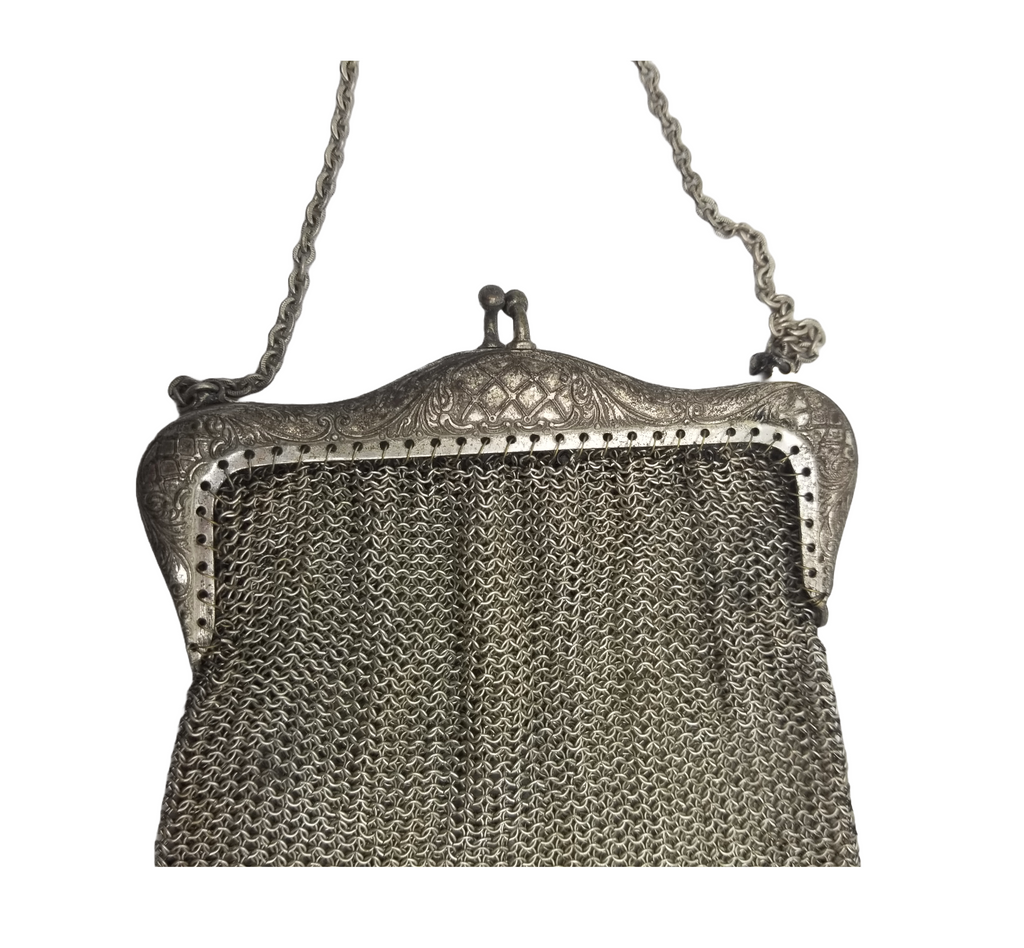 Art Deco 1920a German Chainmaille Purse Depose Silver Mesh Flapper Handbag