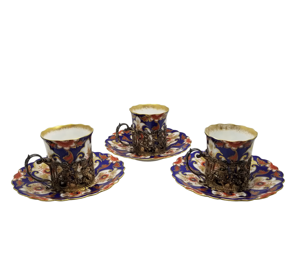 John Aynsley Imari Demitasse Cup Saucer Set Sterling Silver Can Cherub Design Antique English Porcelain