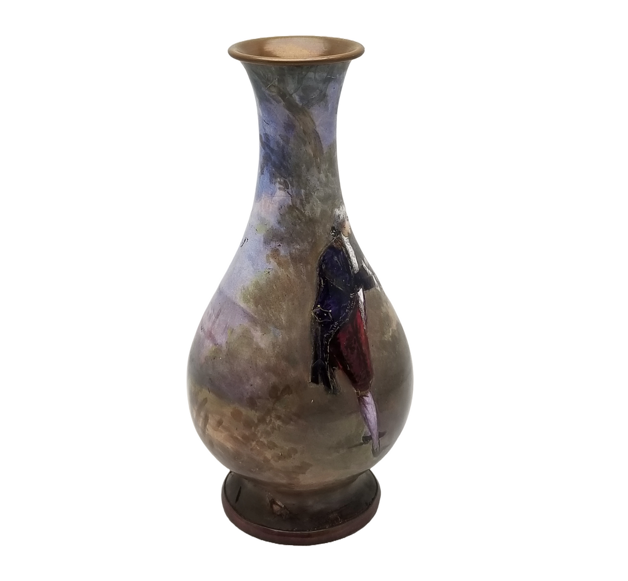 FRENCH Enamel Guilloche Limoges Foil Vase Hand Painted Man Castle