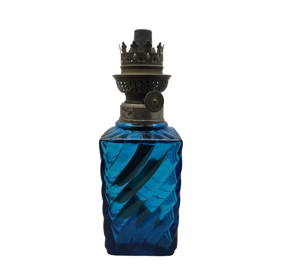 Baccarat French Art Glass Oil Lamp in Peacock Blue with Ribbed and Swirl Pattern”