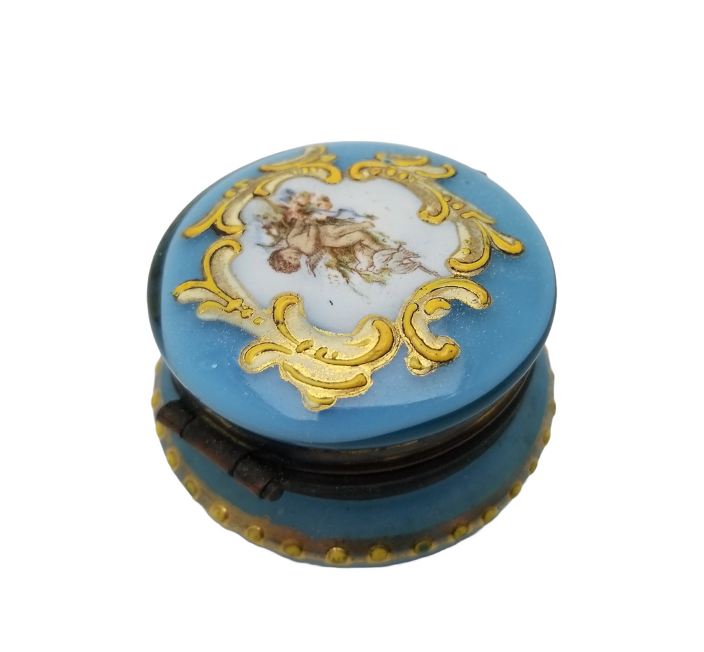 Bohemian Art Glass Pill Box Blue Opalescent Hand Painted Enamel Decorated Cherub Angel