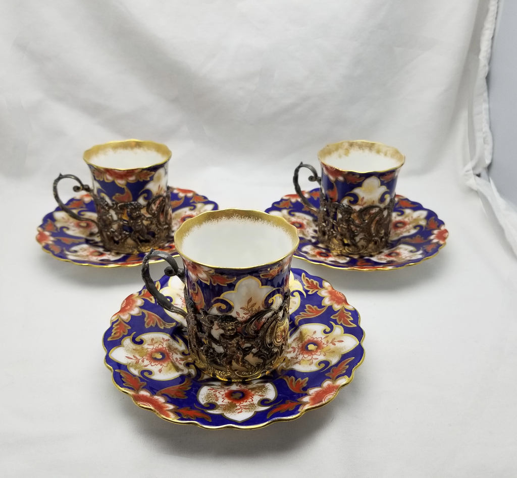 John Aynsley Imari Demitasse Cup Saucer Set Sterling Silver Can Cherub Design Antique English Porcelain