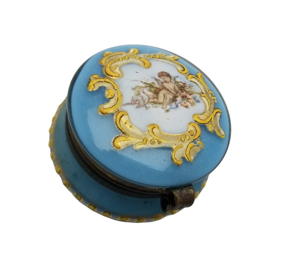 Bohemian Art Glass Pill Box Blue Opalescent Hand Painted Enamel Decorated Cherub Angel