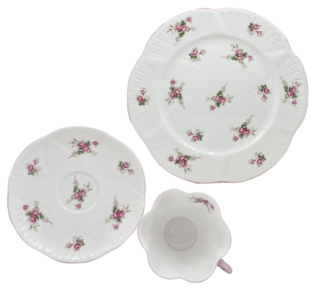 Shelley England Dainty Porcelain Cup Saucer Trio Bridal Rose Pattern Pink Trim