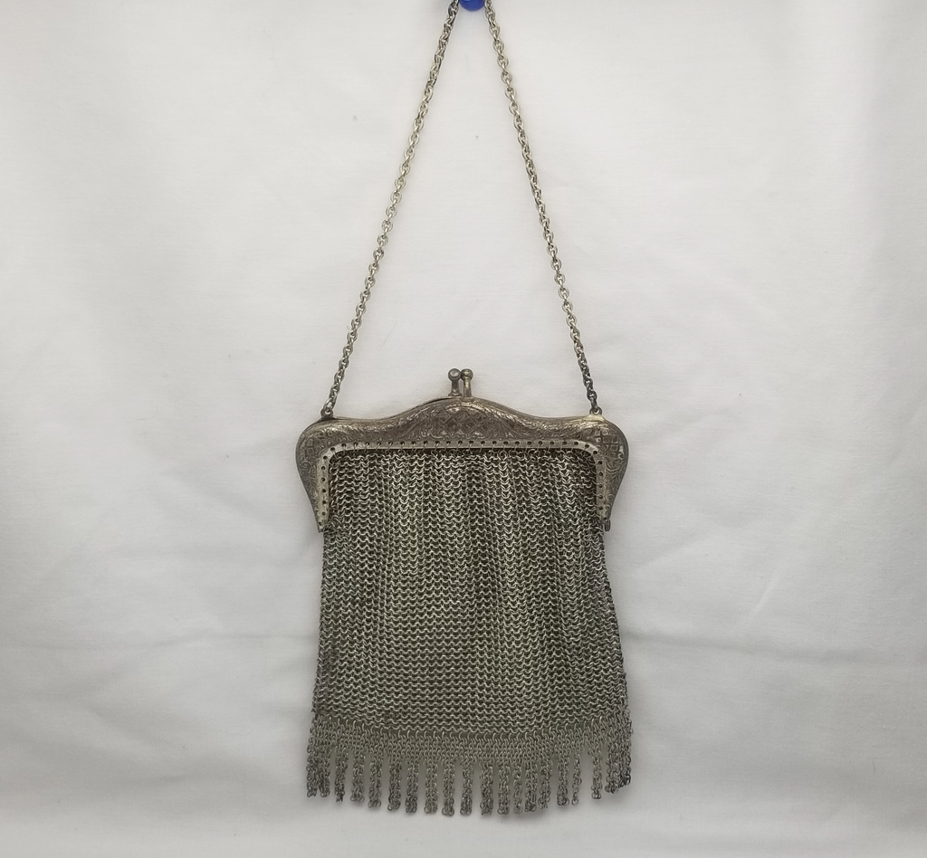 Art Deco 1920a German Chainmaille Purse Depose Silver Mesh Flapper Handbag