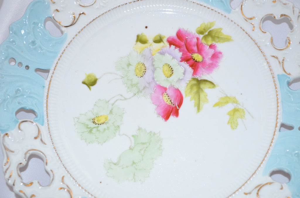 Prussia Porcelain Reticulated Cake Plate Nouveau Period Blue with Pink Flowers