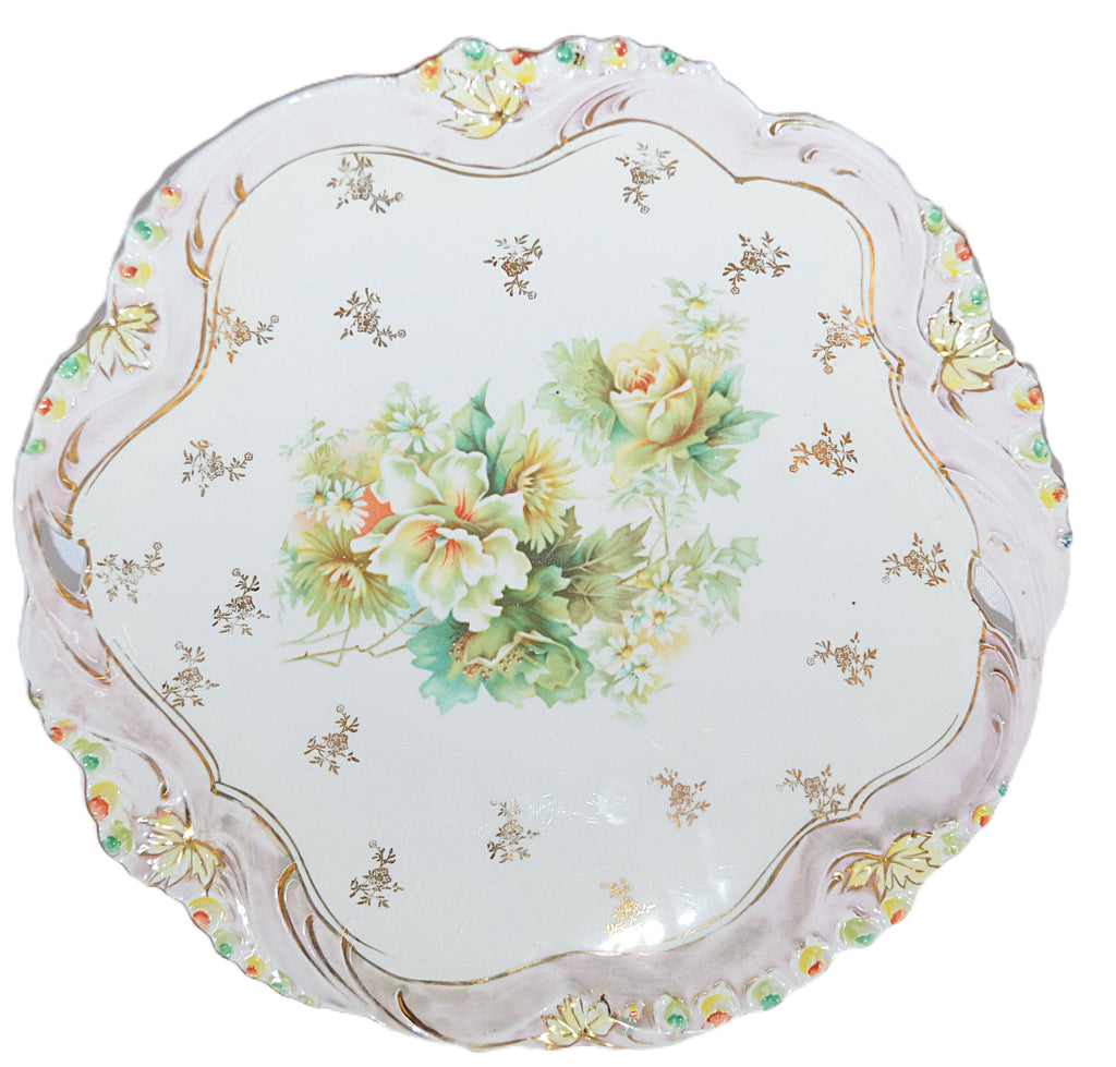 Prussia Porcelain Cake Plate Rosebud Mold with Yellow Roses